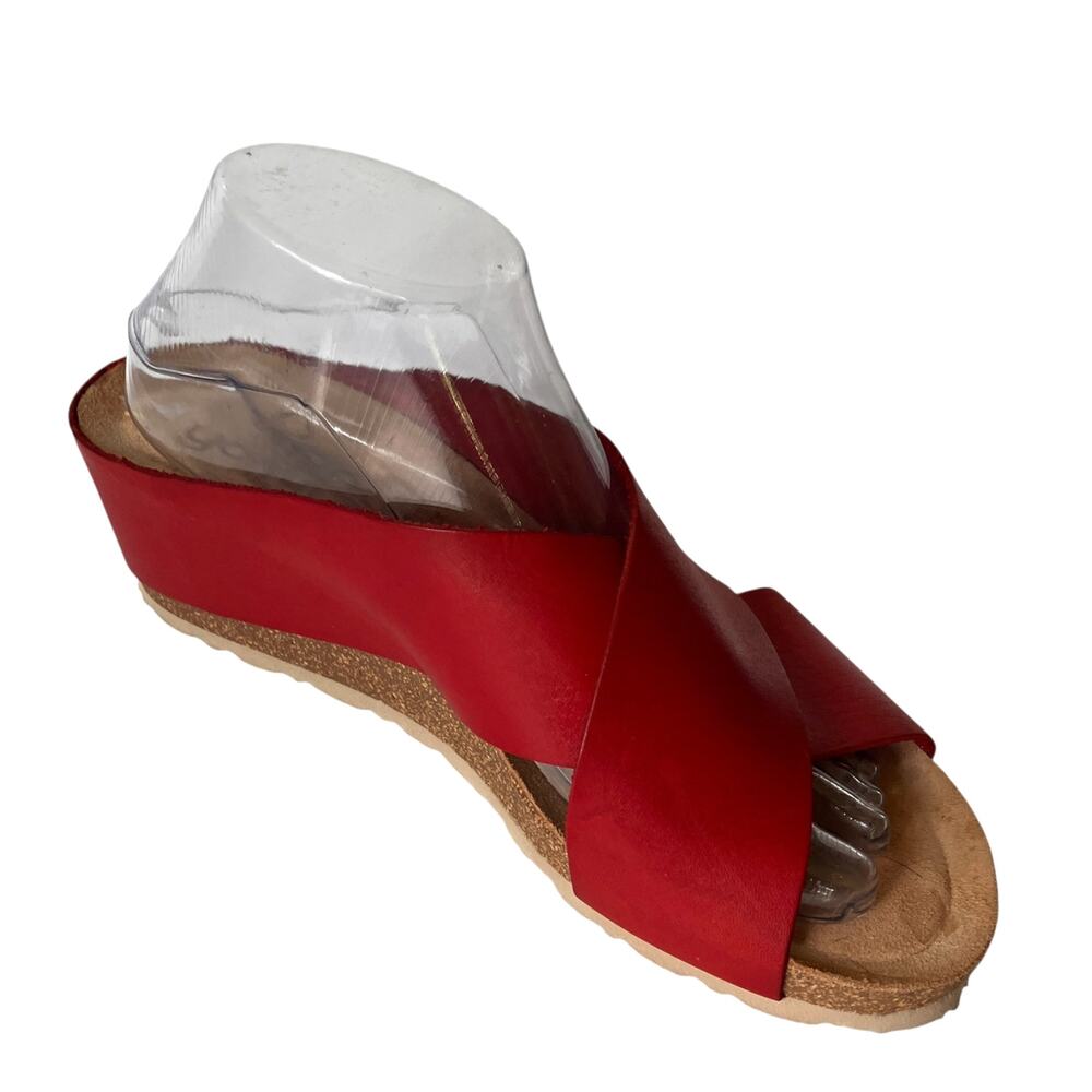 Yokono Red Leather Cross Strap Wedge Slides Sandals Women's 9 Beachy Boho Preppy